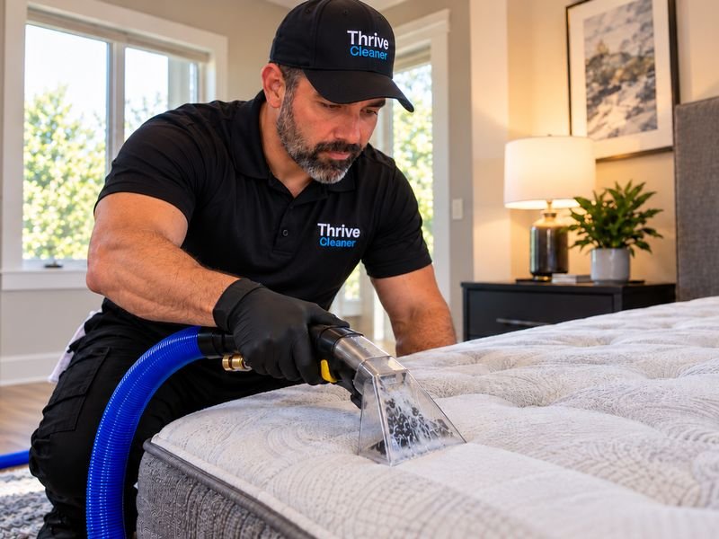 Thrive Cleaner technician deep cleaning a mattress with an upholstery extraction tool