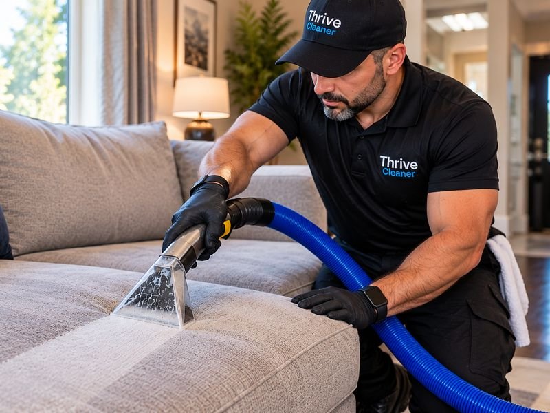 Thrive Cleaner technician deep cleaning a fabric sofa with an upholstery extraction tool