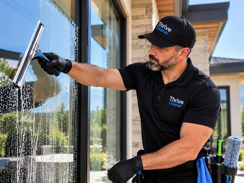 Thrive Cleaner technician squeegeeing an exterior window